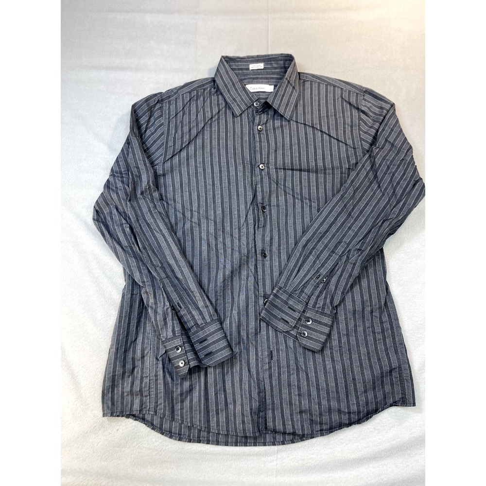 Calvin Klein Shirt l Large Mens Gray‎ Black Striped Button Up Long sleeve Cotton